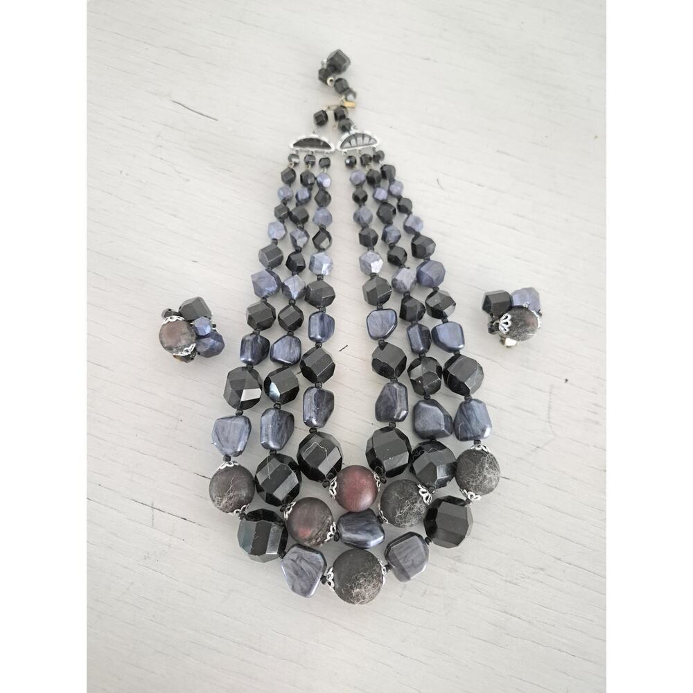 Vintage Germany Black Acrylic Beaded Multistrand Choker Necklace and Earring Set